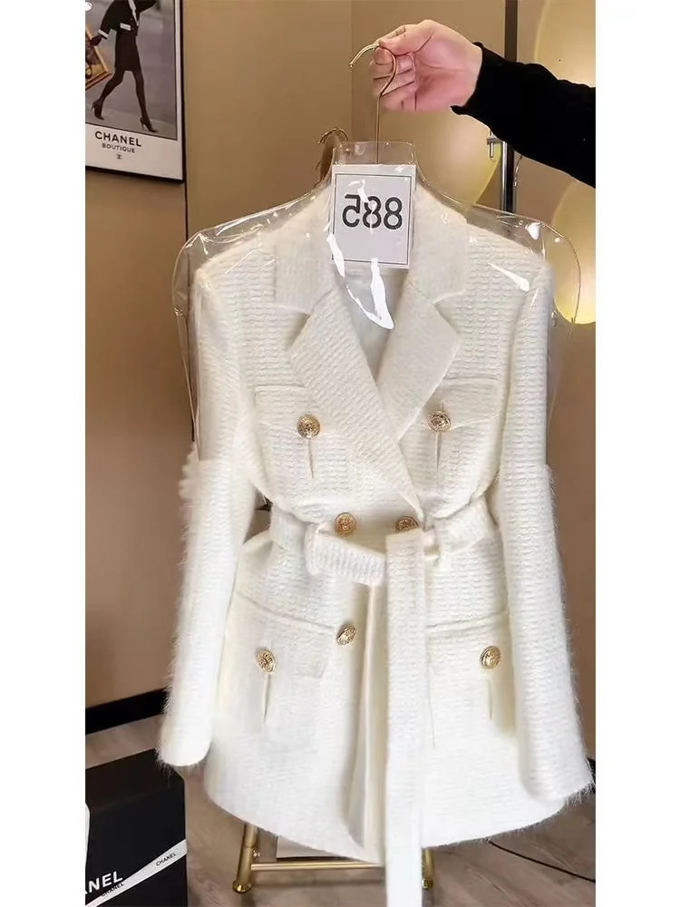 Fashion Korean White Blazer Jacket For Women Autumn Winter Vintage Long Sleeve Noted Double-breasted Coat Female Tops 240228