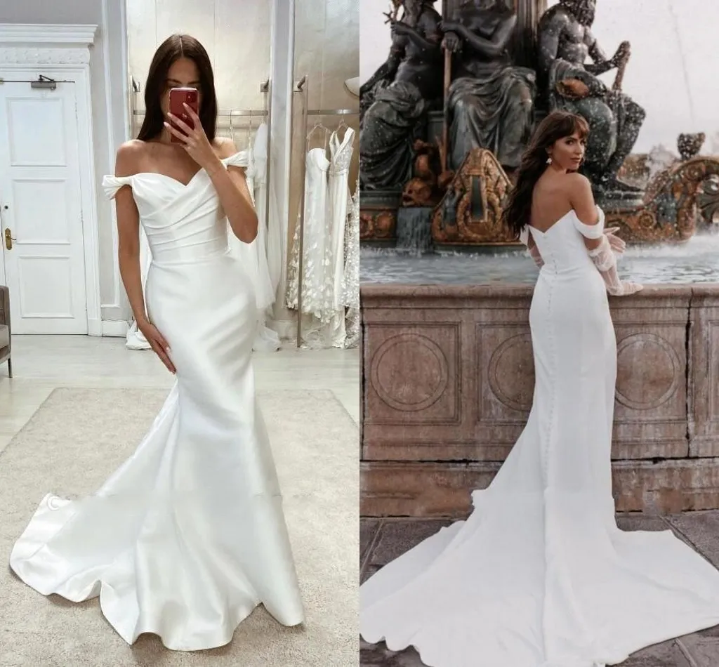 Elegant Sheath Mermaid Wedding Dresses Sexy Backless Off the Shoulder Pleats Long Satin Bridal Gowns Custom Made Robes De Mariage White/ivory BC18300