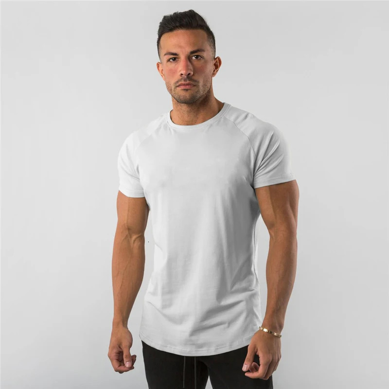Summer Solid Cotton Short Sleeve T-Shirt Men Gym Clothing Fashion Plain Tight Tops Tees Sports Bodybuilding Fitness T shirt Men 240229