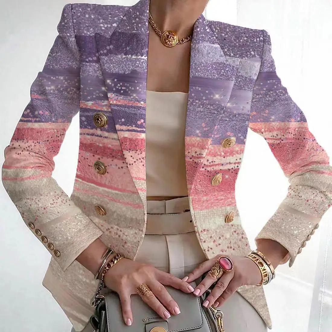 Lady Fashion Suit Jackets Chic Print Slim Fit Lapel Spring Autumn Blazer Elegant Blazers For Women Long Sleeve Commute 240228