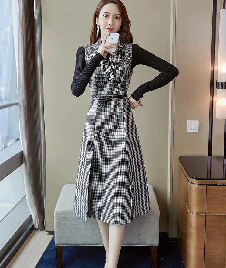 Women Houndstooth Tweed Notched Plaid Dress Two Piece Set Winter Knitted Sweater And Double-Breasted Vest Party Midi Dress Suit 240223
