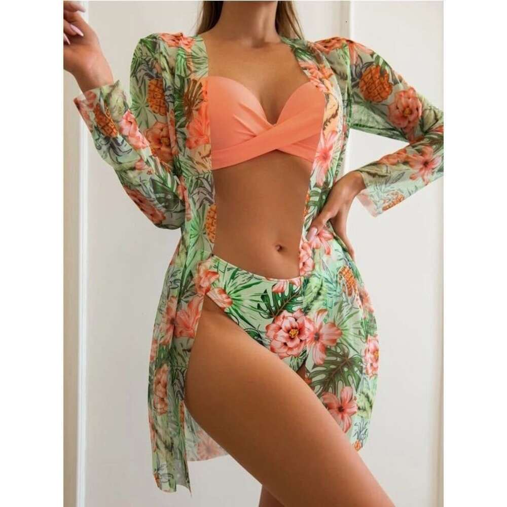 2024 New Point Three Piece Overcover Long Sleeve Split Bikini Swimming