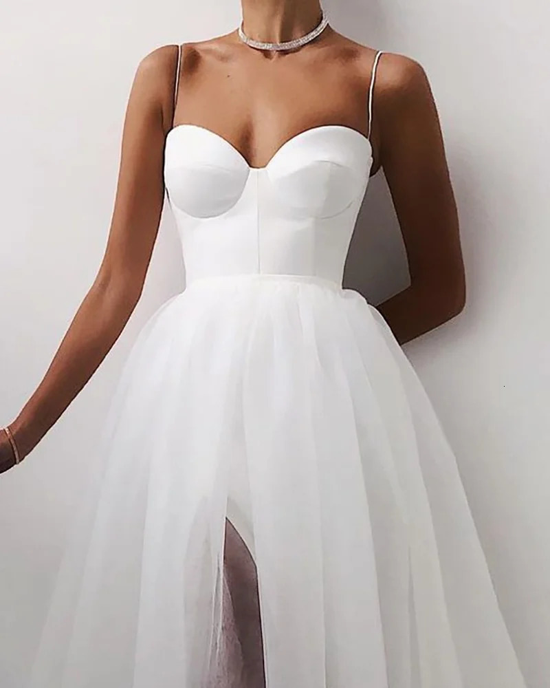 Fashion Women Summer Formal Party Cocktail Dress Solid Color Spaghetti Straps Side Slit Mesh Braces Dress for Girls BlackWhite 240304