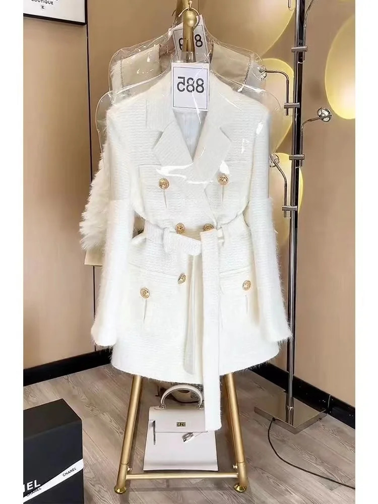 Fashion Korean White Blazer Jacket For Women Autumn Winter Vintage Long Sleeve Noted Double-breasted Coat Female Tops 240228