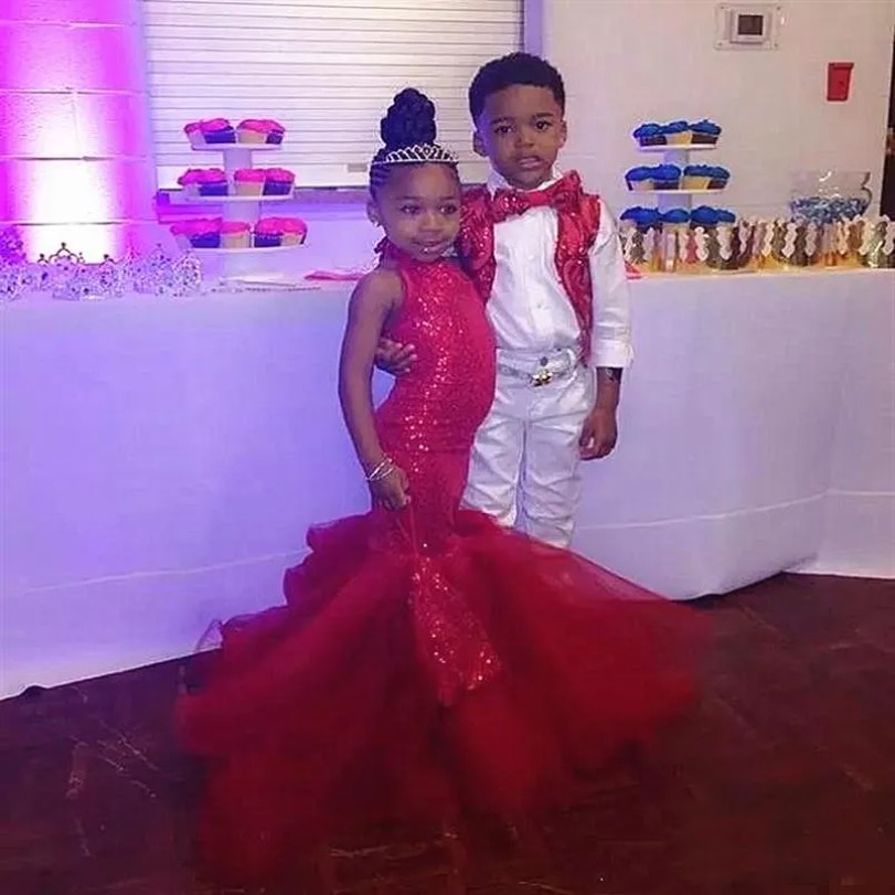 Little Miss American Girls Pageant Dresses Red Sparkly Sequins Mermaid Birthday Prom Party Wedding Flower Girl