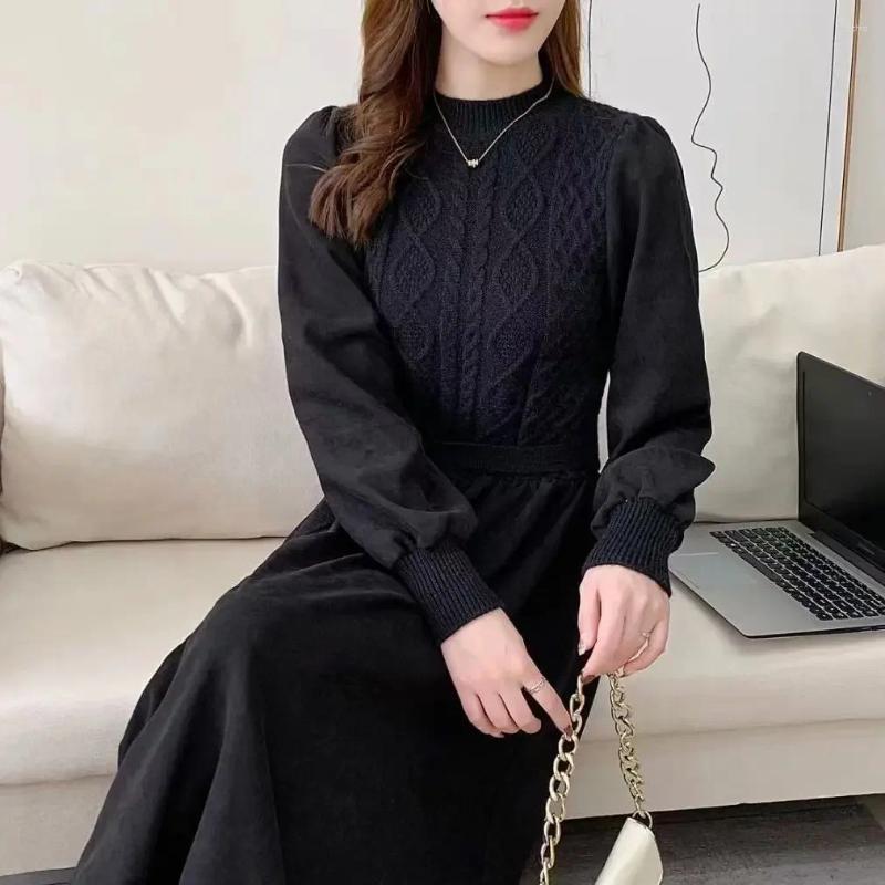 Casual Dresses Knit Dress Women Screw Thread Lantern Sleeve Round Neck Long Solid Midi Waist Lace Up Skirts A Line Winter 2024