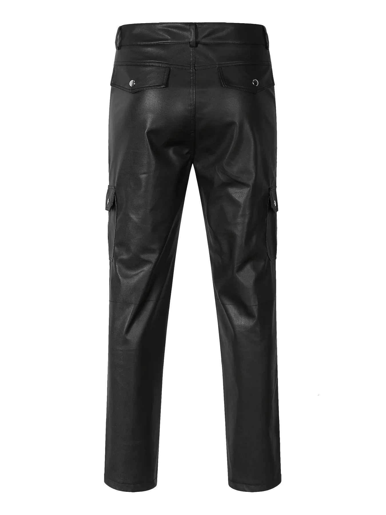 button leather pants long motorcycle false pocket straight pu material micro elastic Large size oversized 240315