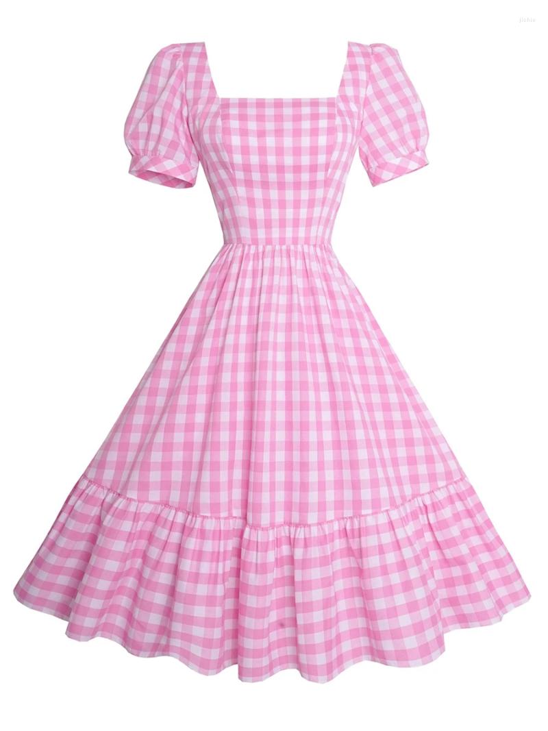 Casual Dresses Women Summer Plaid Midi Dress Square Neck Ruffle Short Puff Sleeve A Line Flowy Swing Pink