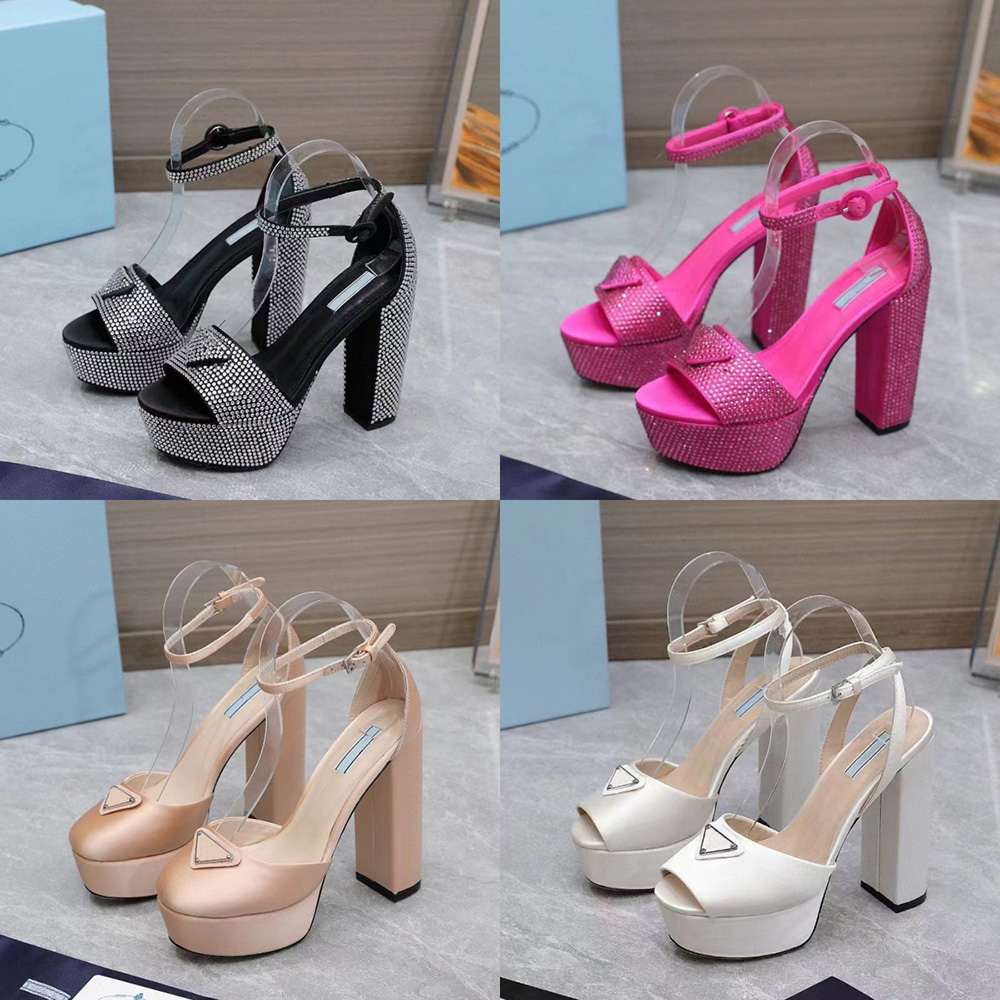 Designer Sandals womens Thick Sole Wedge Rhinestone Pumps Silk triangle buckle Logo Evening Shoes luxury high heels 35-42