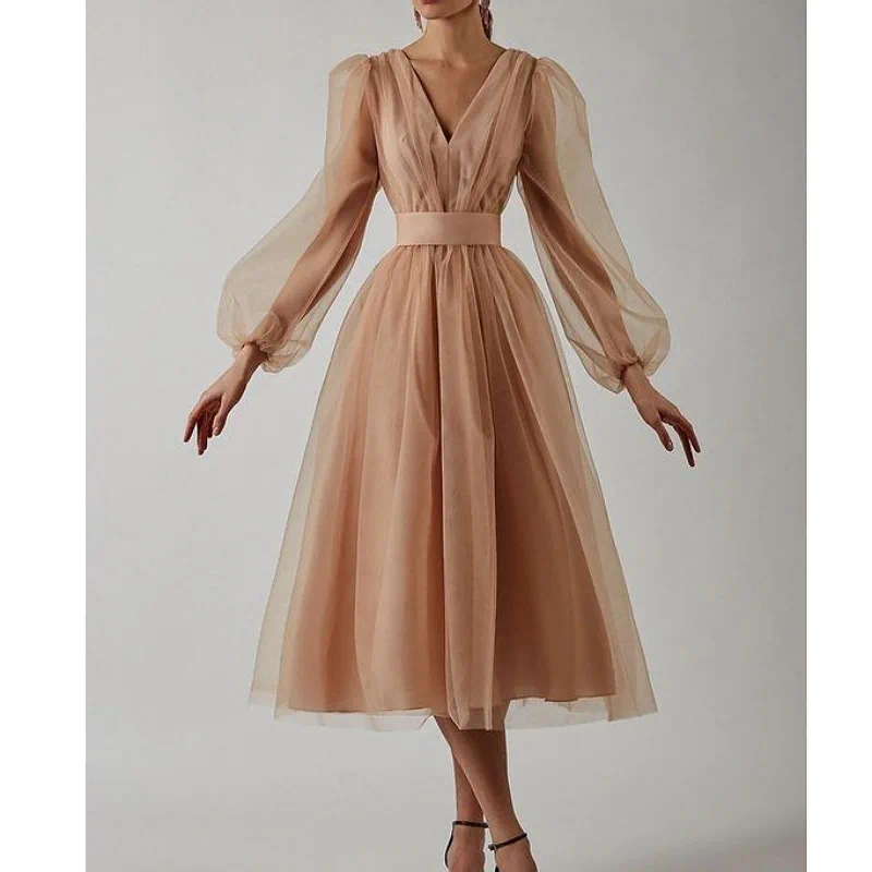 Casual Dresses SKMY Solid Color Wedding For Woman Mesh Patchwork V-Neck Elastic Waist Belt Slim A-Line Long Party Clubwear