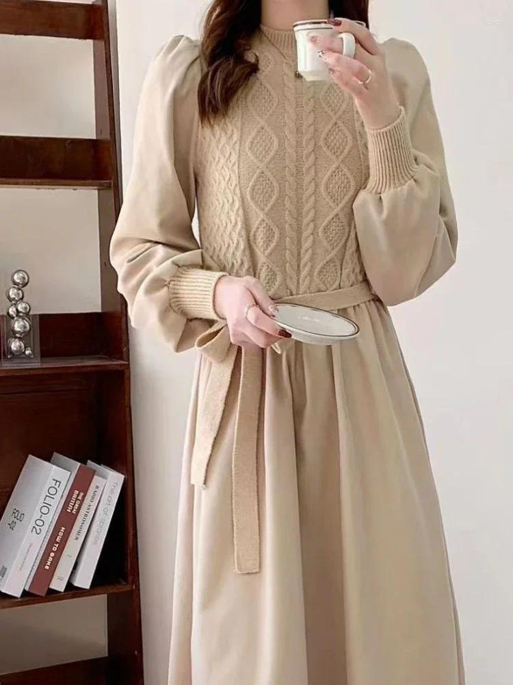 Casual Dresses Knit Dress Women Screw Thread Lantern Sleeve Round Neck Long Solid Midi Waist Lace Up Skirts A Line Winter 2024