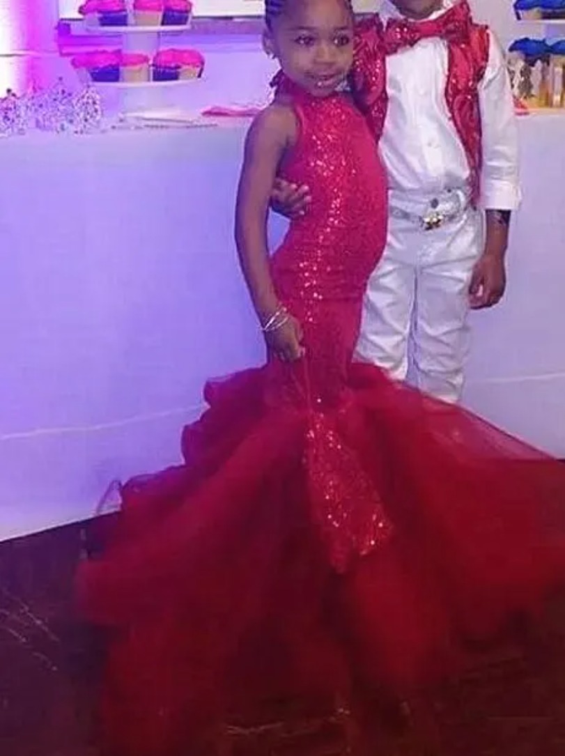 Little Miss American Girls Pageant Dresses Red Sparkly Sequins Mermaid Birthday Prom Party Wedding Flower Girl