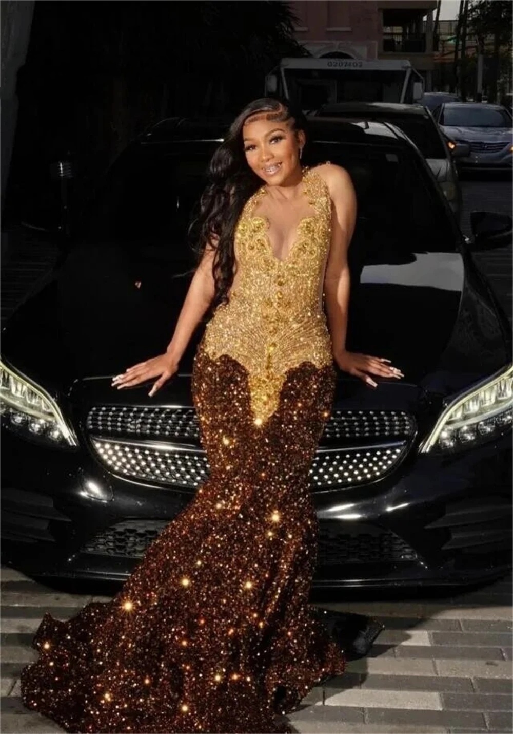 Sequin Glitter Brown Gold Crystal Beading Prom Dresses for Black Girl 2024 Plus Size Formal Evening Ocn Party Gowns 322