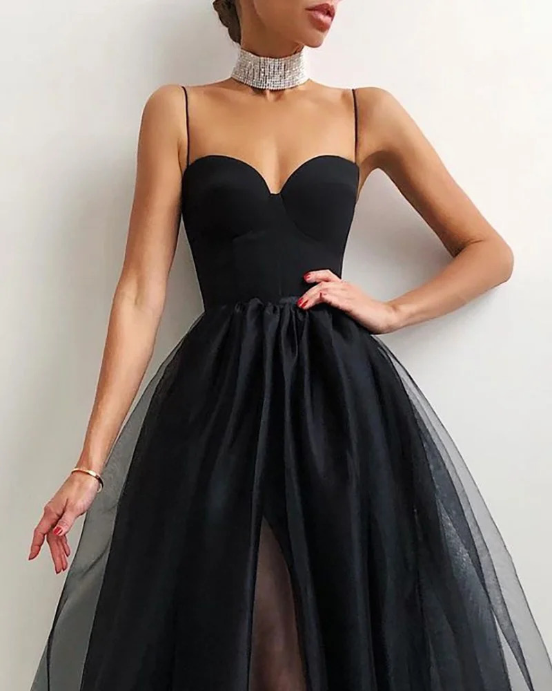 Fashion Women Summer Formal Party Cocktail Dress Solid Color Spaghetti Straps Side Slit Mesh Braces Dress for Girls BlackWhite 240304