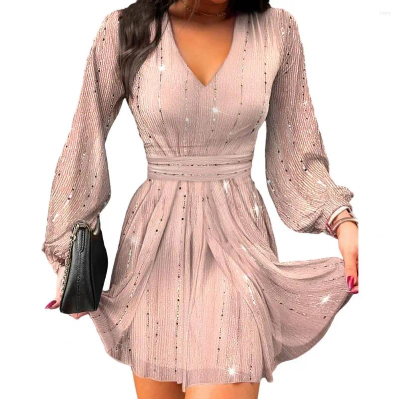 Casual Dresses Women Elegant V-neck Dress Lantern Sleeve V Neck Mini For Solid Color A-line Ladies