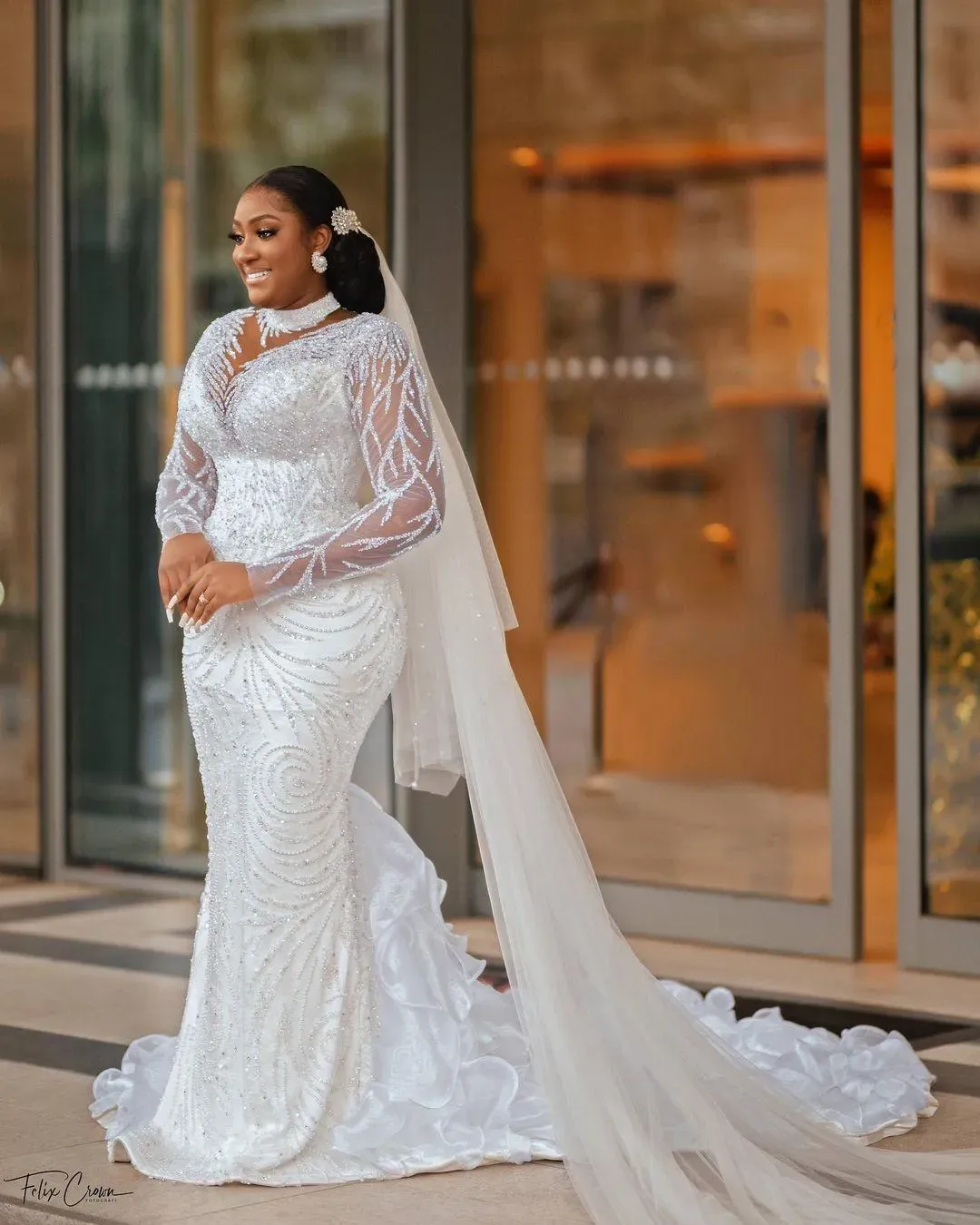 Size Arabic Plus Aso Ebi Sheer Neck Mermaid Wedding Dress Long Sleeves Sexy Bridal Gowns Dresses Custom Made es