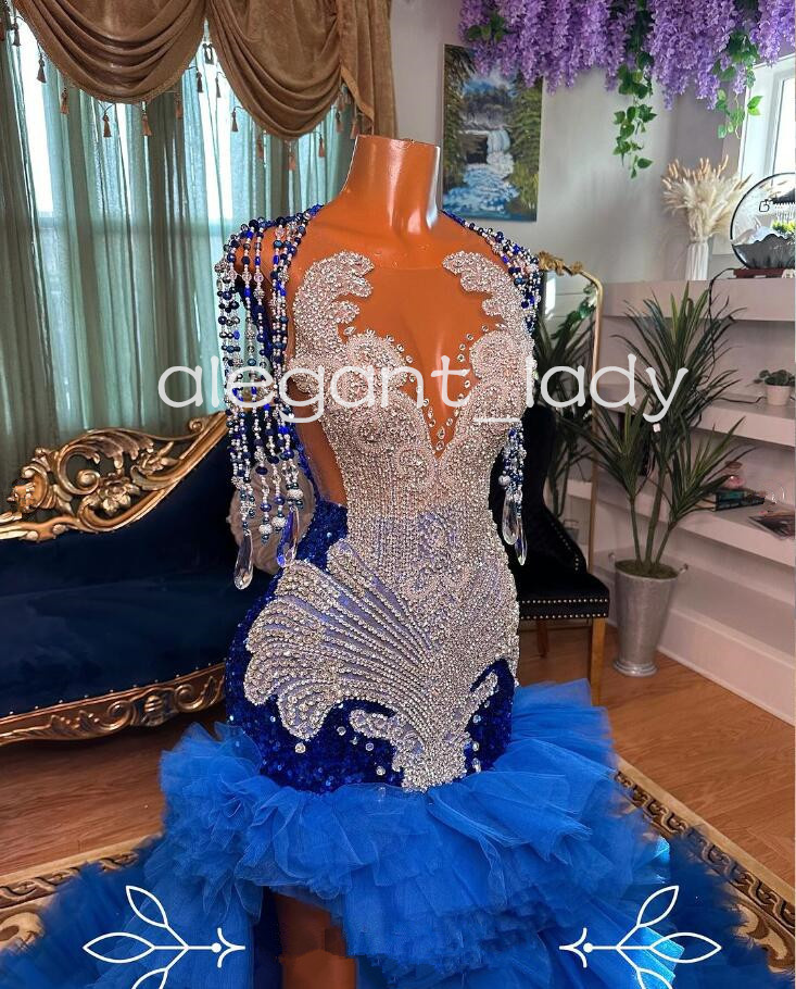 King Blue Sparkly Mermaid Evening Formal Dresses for Black Girl 2024 Luxury Diamond Crystal Ruffles Train Prom Gala Gown