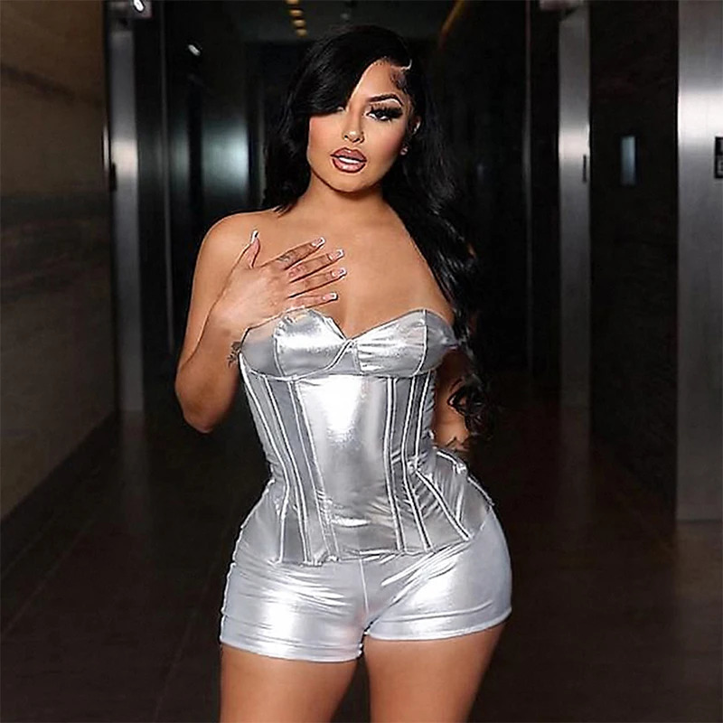 CUTENOVA Autumn Faux Leather Glossy Metallic Corset Strapless Bustier Casual Skinny Shorts 2Pcs Fashion Prom Clubwear 240304