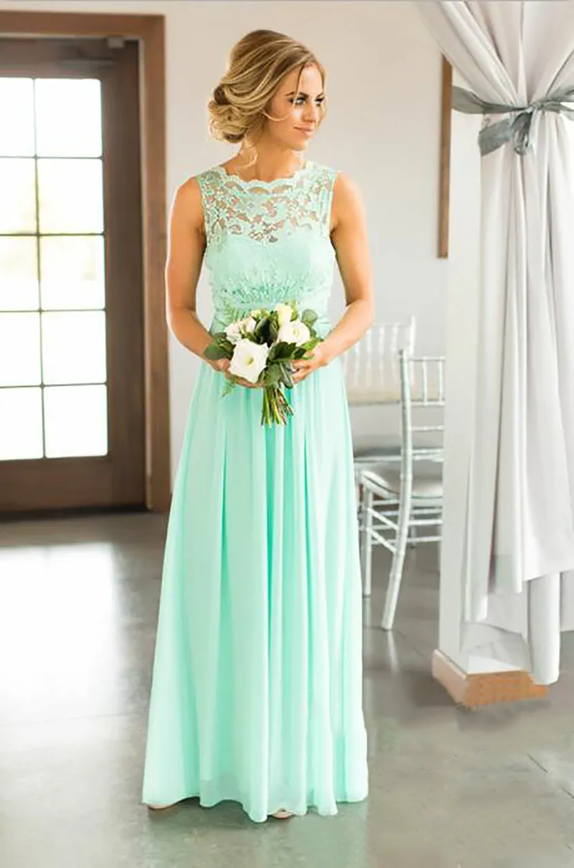 Mint Green Lace Top Chiffon Skirt Country Bridesmaid Dresses Long Cheap Beach Backless Floor Length Wedding Party Gown