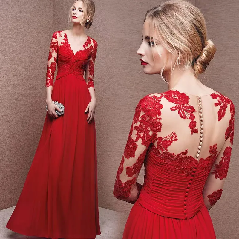 Elegant Red Long Mother Of The Bride Dresses V-Neck Pleats A Line Chiffon Wedding Guest Dress Lace Appliques Three Quarter Sleeves Formal Party Gown W