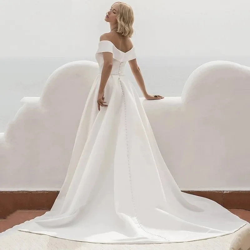 Ivory Satin Modern A Line Wedding Dresses With Pockets Sexy Off The Shoulder Simple Boho Garden Bridal Gowns Sweep Train Back Buttons Elegant Robes De