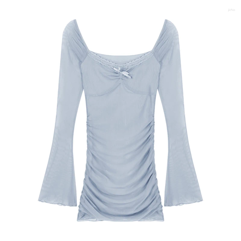 Casual Dresses Sexy Girl Mesh Womens Long Sleeved Deep V Neck Mini Dress Ladies Amorous Feelings Bow Tight Wrapped Hip Vestidos