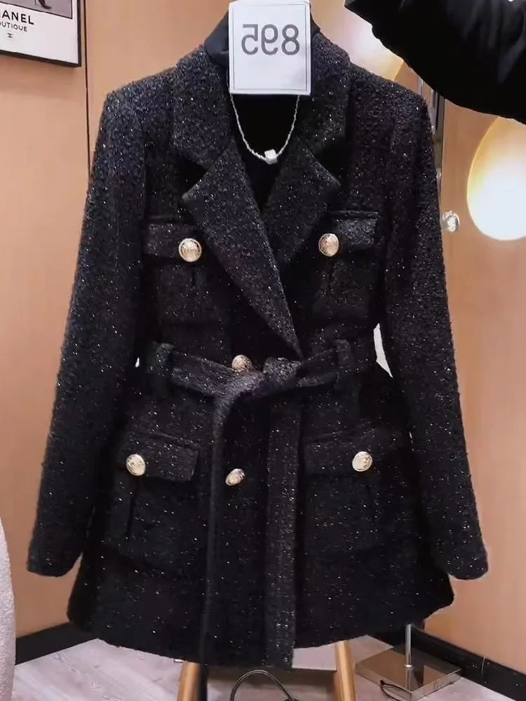 Fashion Korean White Blazer Jacket For Women Autumn Winter Vintage Long Sleeve Noted Double-breasted Coat Female Tops 240228