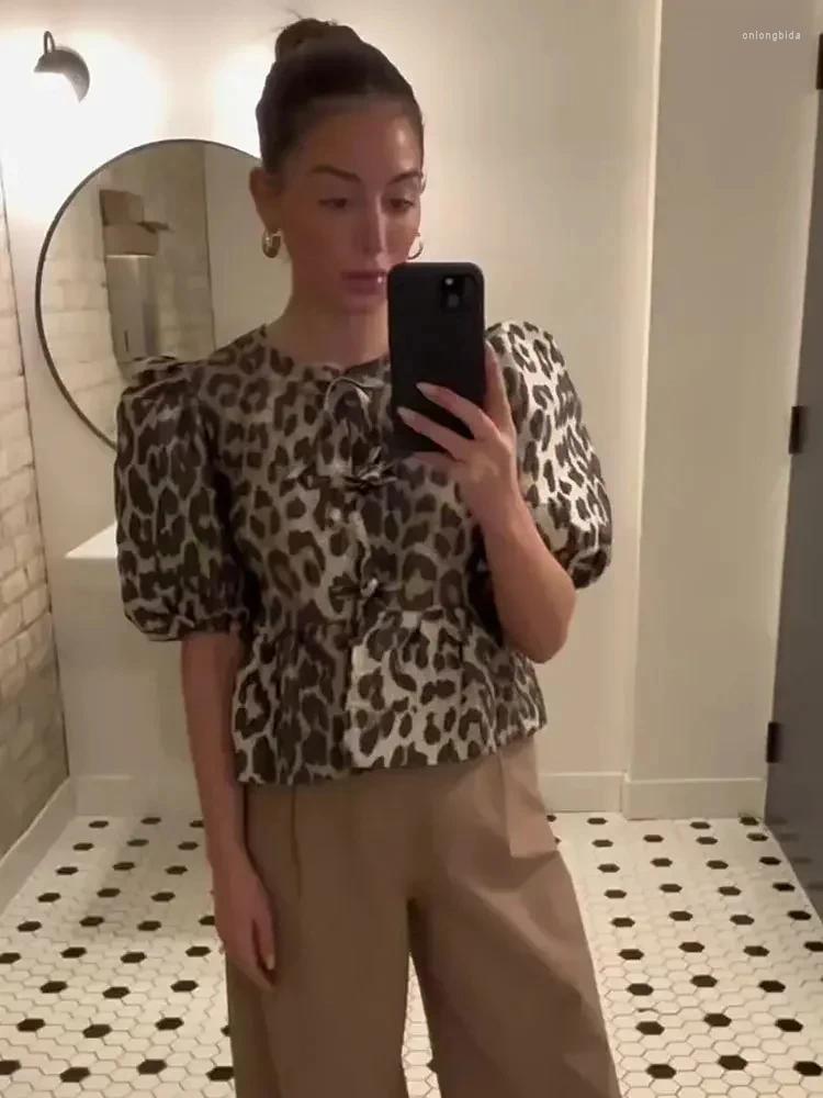 Womens Blouses Fashion Leopard Shirts For Women 2024 Spring Loose Puff Sleeve Blouse Female Elegant Lace Up Chic Cropped Top Ruffled