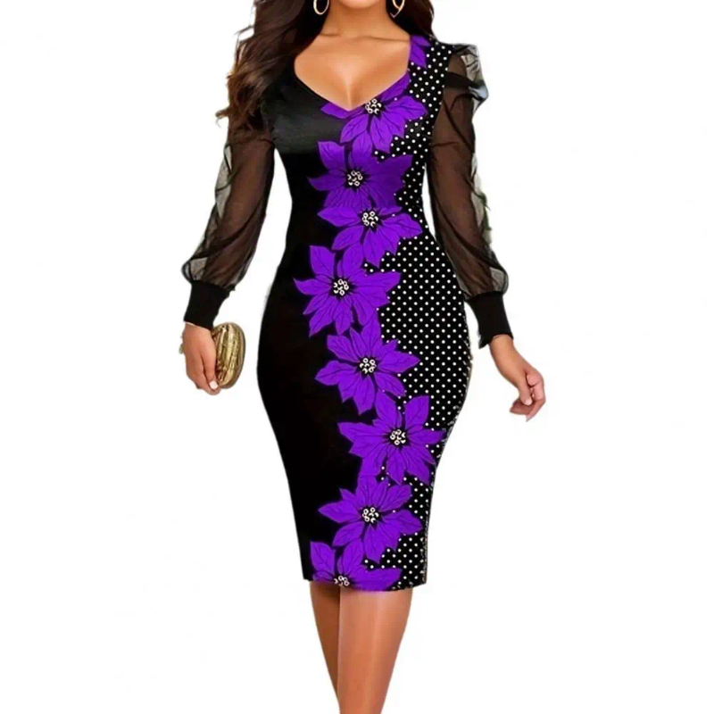 Casual Dresses V-neck Dress Elegant V Neck Mesh Sleeve Midi Printed Sheath Knee Length Plus Size Formal Slim Fit Spring For Women