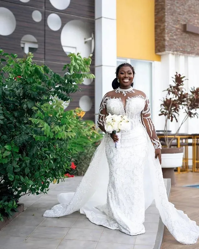 Arabic Aso Ebi White Mermaid Wedding Dresses Long Sleeves Plus Size Lace Beaded Bridal Gowns Robe De Marriage 0219