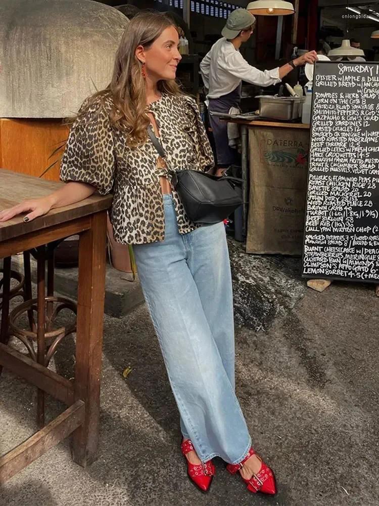 Womens Blouses Fashion Leopard Shirts For Women 2024 Spring Loose Puff Sleeve Blouse Female Elegant Lace Up Chic Cropped Top Ruffled
