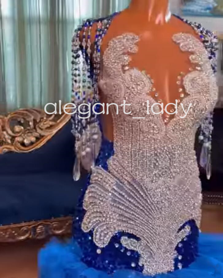 King Blue Sparkly Mermaid Evening Formal Dresses for Black Girl 2024 Luxury Diamond Crystal Ruffles Train Prom Gala Gown