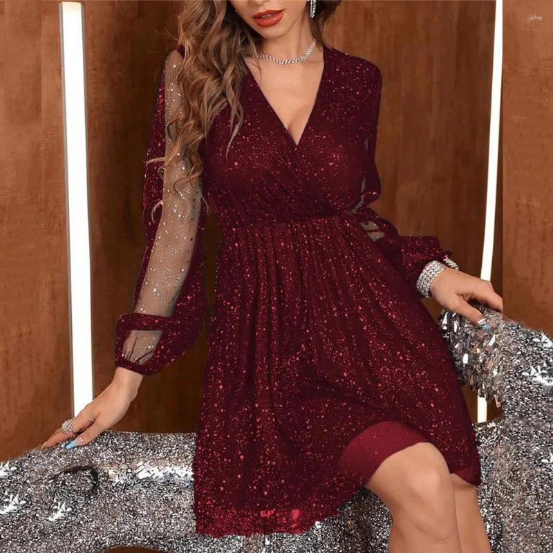 Casual Dresses Loose Dress Sequin Elegant Lantern Sleeve Mini For Women V Neck Mesh Prom Cocktail Party