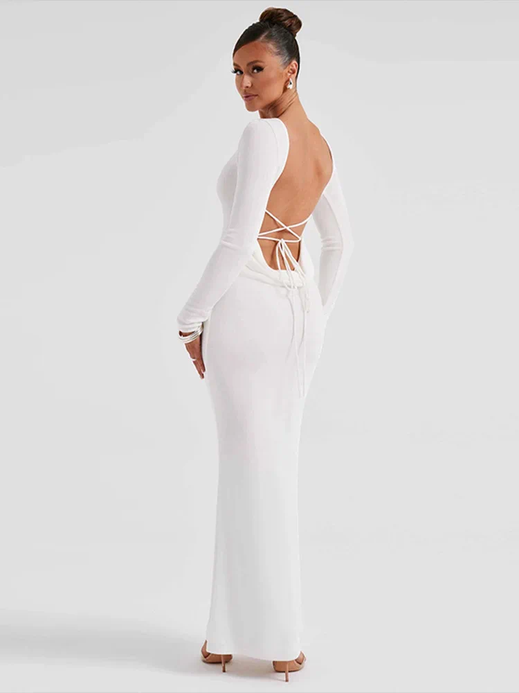 Casual Dresses Dress Long Skirt Sexy Backless Sleeved Elegant With Cross Tie Up High Waist And Buttocks Wrapped Fitted Evening