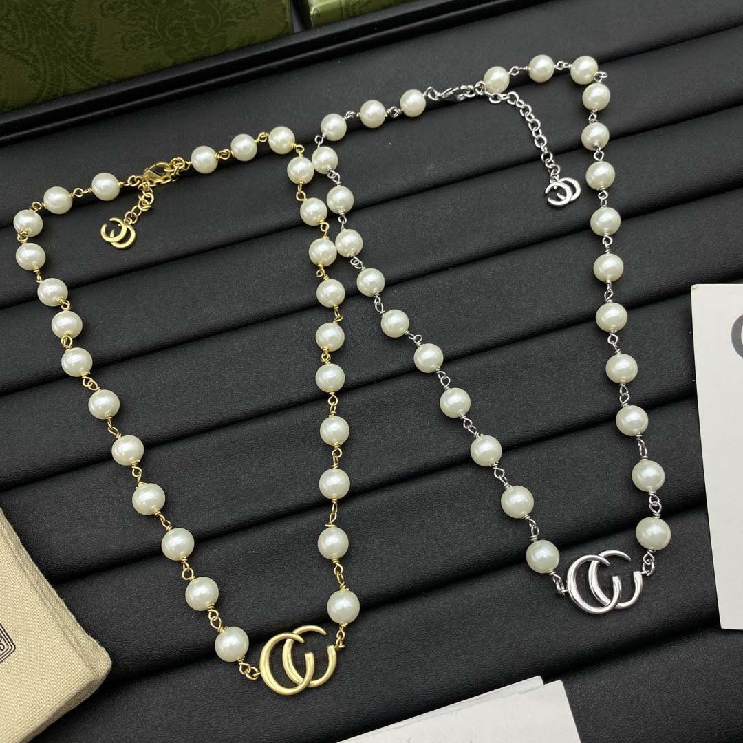 High quality, brass material, designer necklace, gold/silver, 2 colors, Pearl necklace, double lettering, Ladies, Jewelry, Valentine's Day, Christmas, Anniversary, Gift
