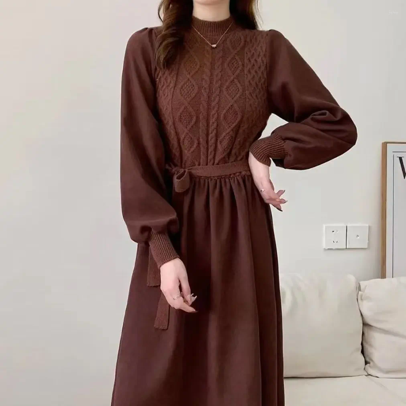 Casual Dresses Knit Dress Women Screw Thread Lantern Sleeve Round Neck Long Solid Midi Waist Lace Up Skirts A Line Winter 2024