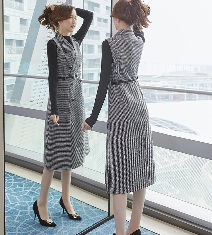 Women Houndstooth Tweed Notched Plaid Dress Two Piece Set Winter Knitted Sweater And Double-Breasted Vest Party Midi Dress Suit 240223