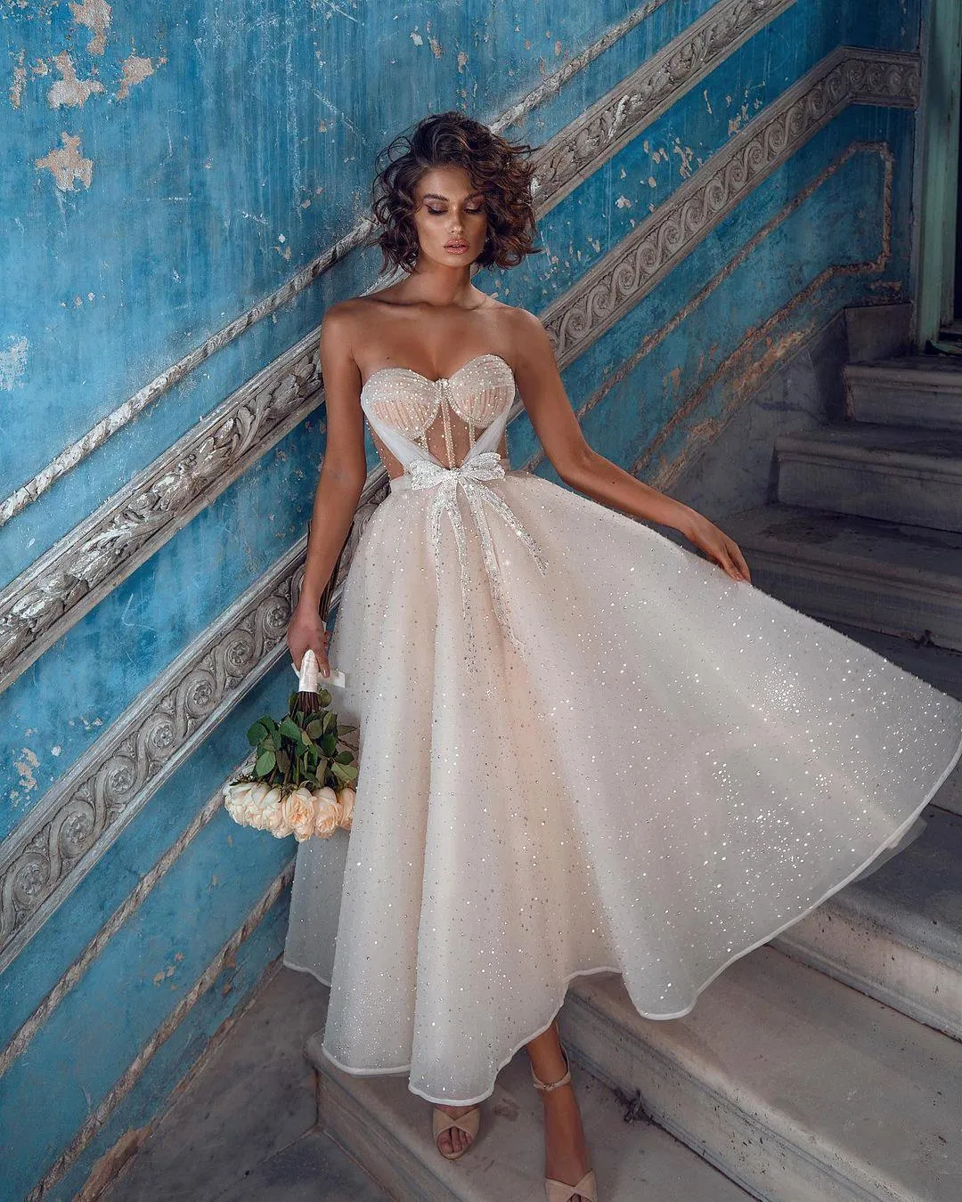 Tea Romantic Lace Length Dresses Summer Sparkg Sweetheart Tulle Beaded Bow Tie Beach Garden Wedding Dress Pregnant Bridal Gowns BC