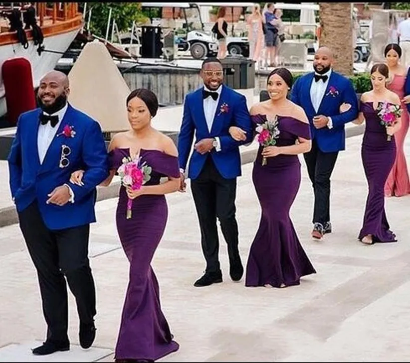 Off African The Shoulder Satin Mermaid Plus Size Bridesmaid Ruched Sweep Train Wedding Guest Maid Of Honor Dresses