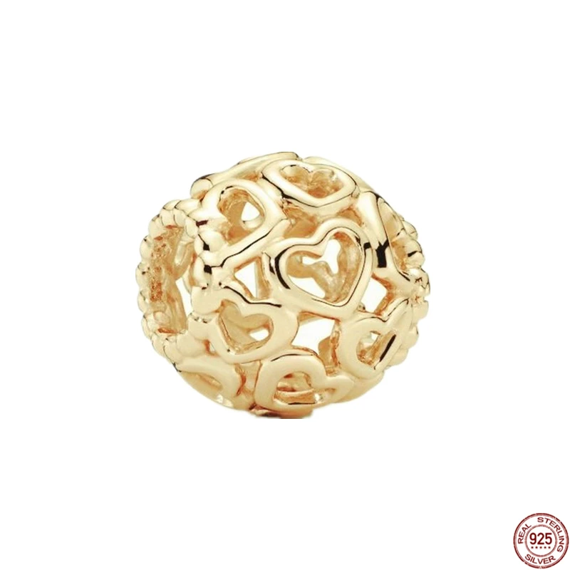 Classics 925 Sterling Silver Women's Hearts Charms Beads, Round, Gold Plated Series, Star charm Suitable for Women's Bracelets, Necklaces, D