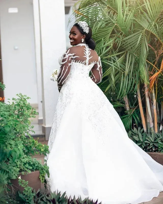 Arabic Aso Ebi White Mermaid Wedding Dresses Long Sleeves Plus Size Lace Beaded Bridal Gowns Robe De Marriage 0219