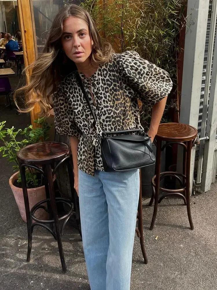 Womens Blouses Fashion Leopard Shirts For Women 2024 Spring Loose Puff Sleeve Blouse Female Elegant Lace Up Chic Cropped Top Ruffled