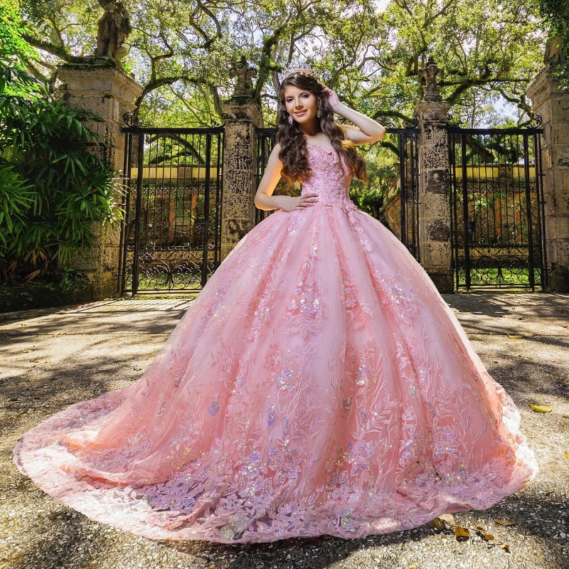 Pink Shiny Off The Shoulder Quinceanera Dresses Ball Gown Sequin Appliques Lace Beading Crystal Tull Sweet 16 Dress Vestidos 15 De XV Anos