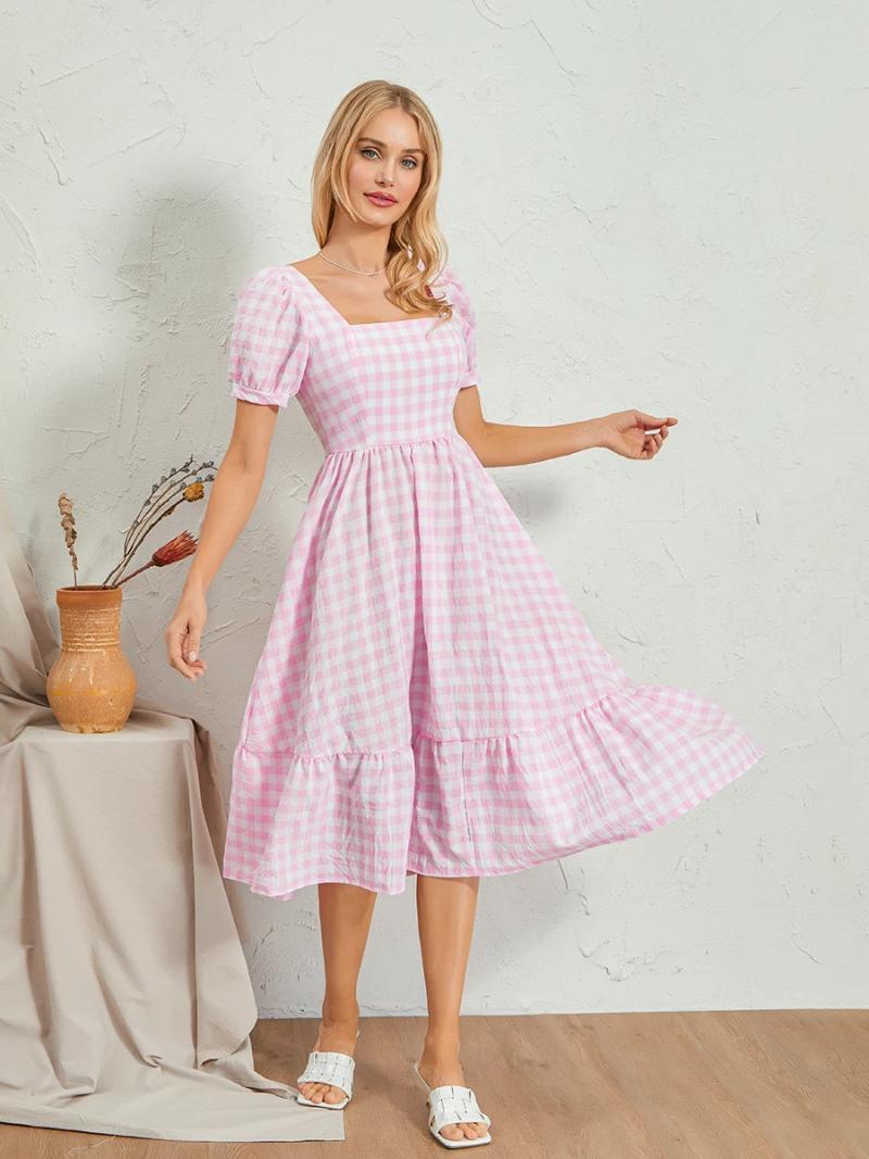 Casual Dresses Women Summer Plaid Midi Dress Square Neck Ruffle Short Puff Sleeve A Line Flowy Swing Pink