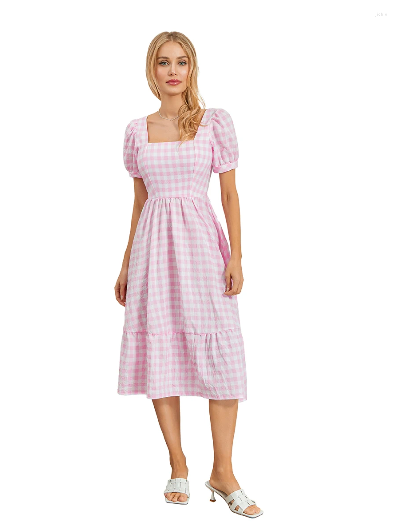 Casual Dresses Women Summer Plaid Midi Dress Square Neck Ruffle Short Puff Sleeve A Line Flowy Swing Pink