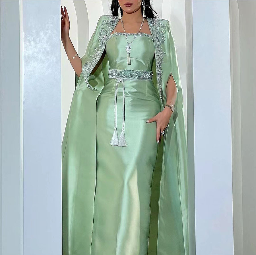 Mint Green Elegant Satin Long Dresses With Cape Delicate Beaded Pearls Formal Party Dress Modest Prom Gowns 6660311