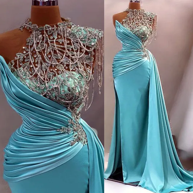 April Aso 2024 Ebi Mermaid Lace Prom Beaded Crystals Satin Evening Formal Party Second Reception Birthday Engagement Gowns Dress Robe De Soiree