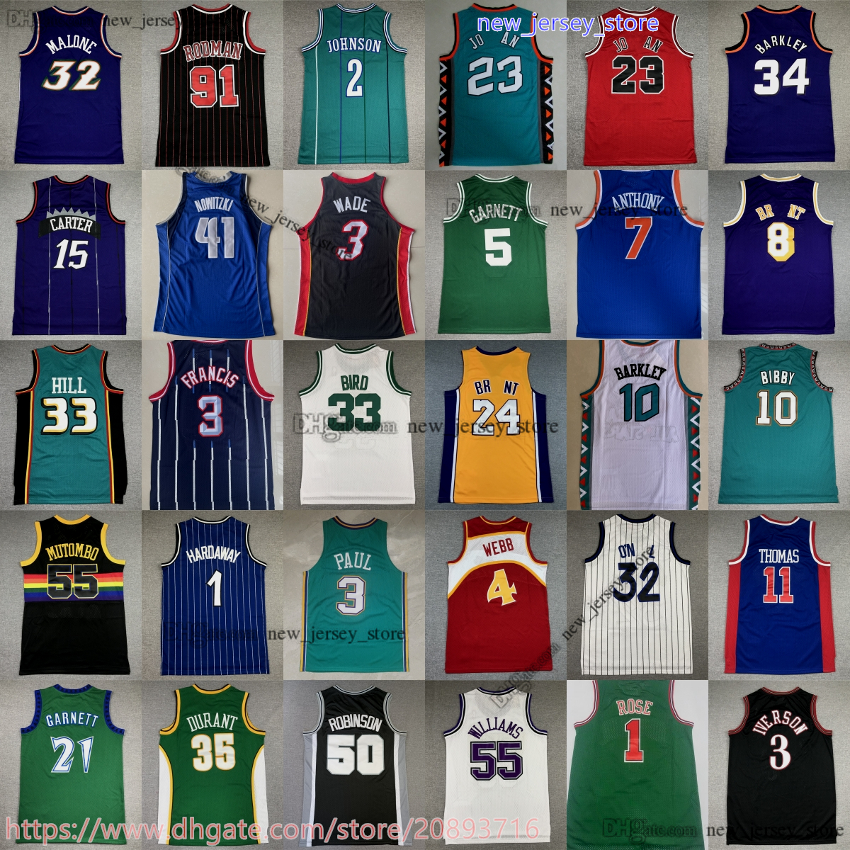 Classic Retro Basketball Carter Jersey Vintage Iverson Nash Anthony Ewing McGrady Bryant Hardaway Garnett Malone Mutombo Bibby Kemp Payton Barkley Williams James