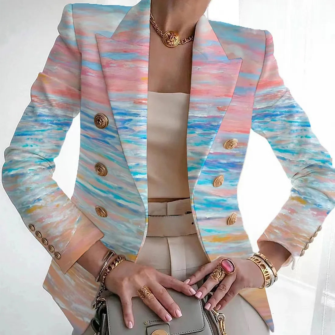 Lady Fashion Suit Jackets Chic Print Slim Fit Lapel Spring Autumn Blazer Elegant Blazers For Women Long Sleeve Commute 240228