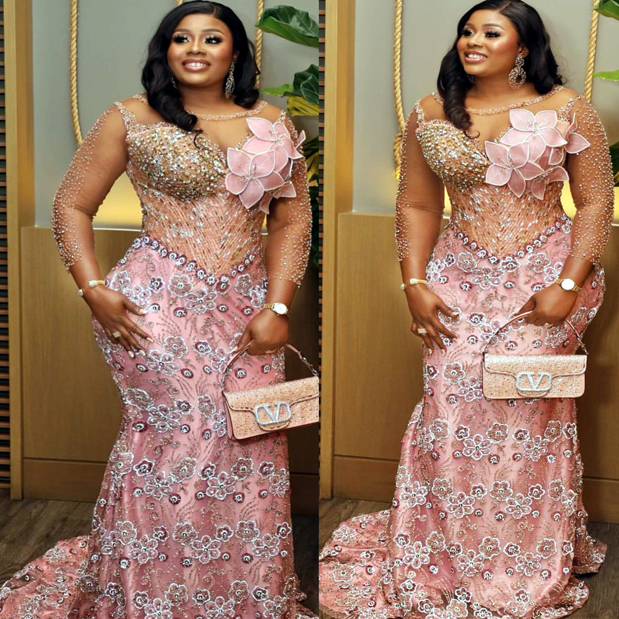 2024 Aso Ebi Pink Mermaid Prom Dress Beaded Sequined Lace Evening Formal Party Second Reception 50th Birthday Engagement Gowns Dresses Robe De Soiree 